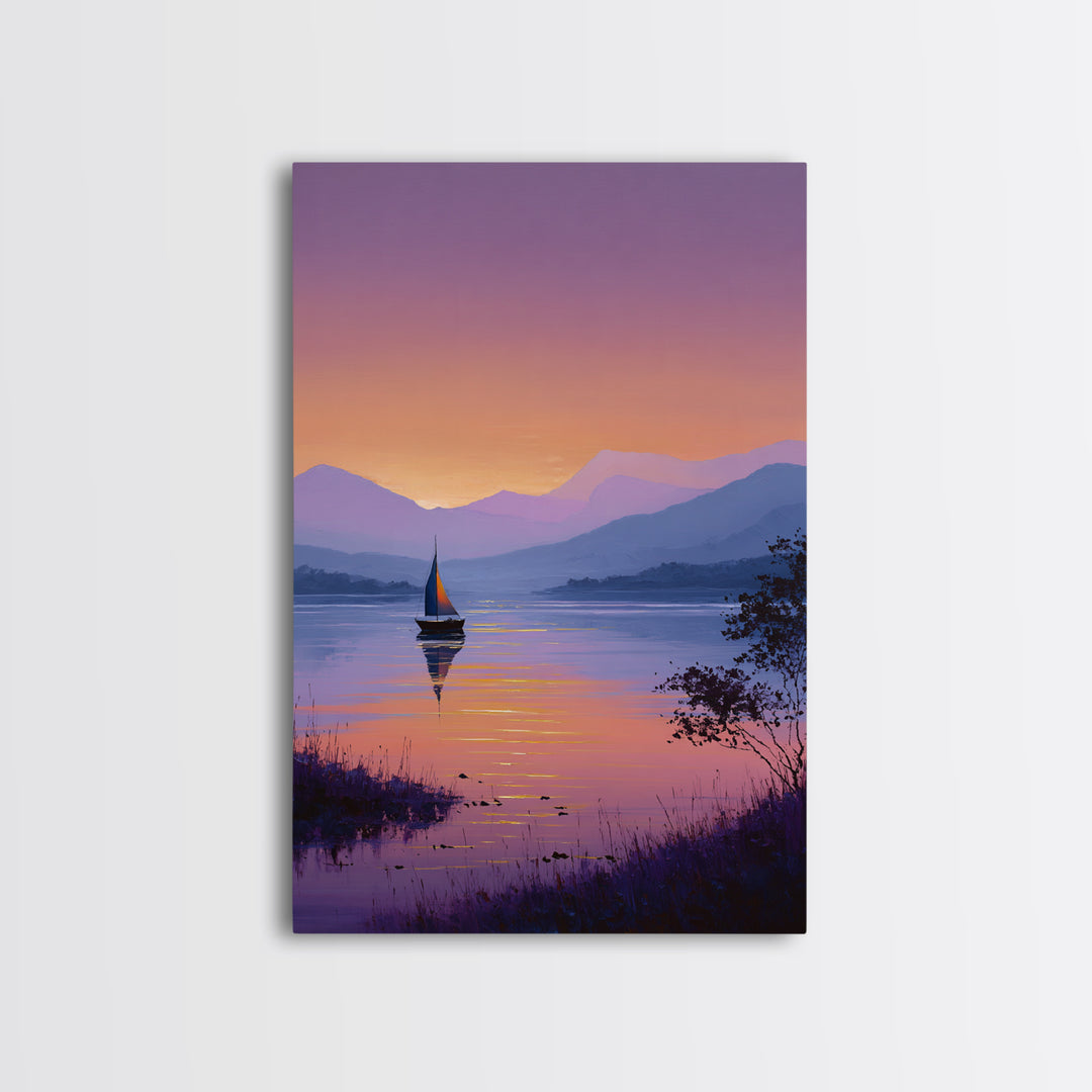 Tranquil Sailboat On Lake At Sunset With Purple Mountains Oil Painting Canvas Print Wall Art For Bedroom Decor And Nautical Lovers