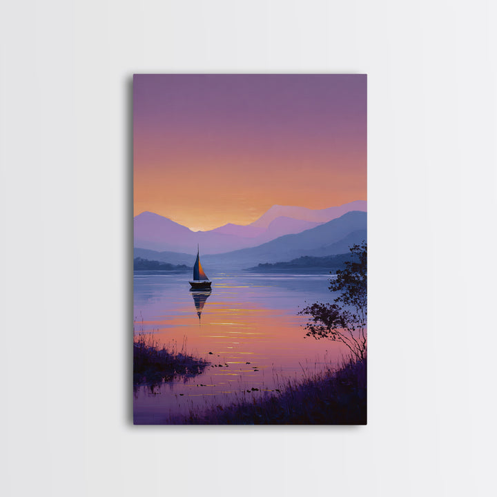 Tranquil Sailboat On Lake At Sunset With Purple Mountains Oil Painting Canvas Print Wall Art For Bedroom Decor And Nautical Lovers