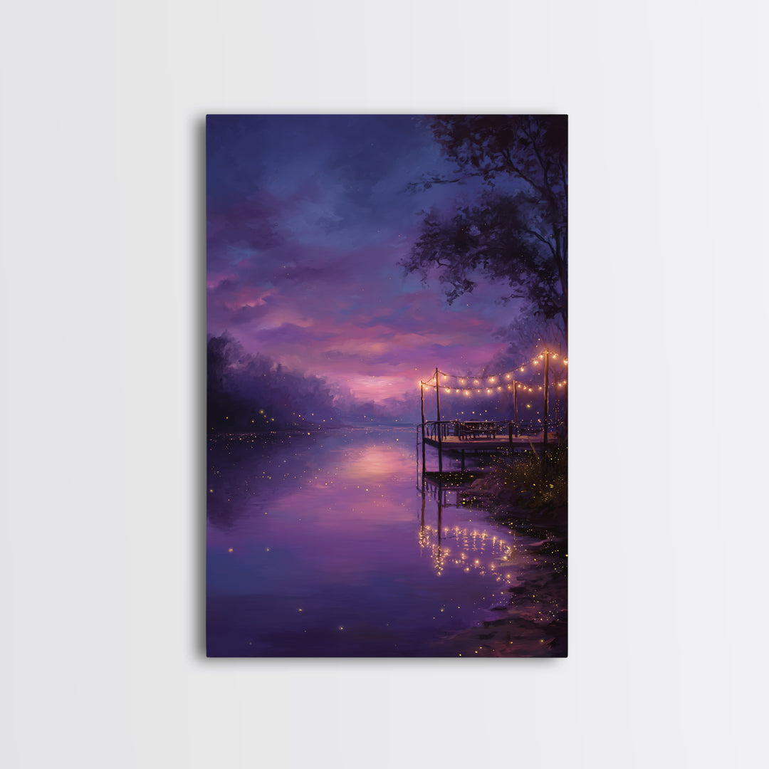 Enchanting Twilight River Scene With Glowing Fireflies And String Lights Romantic Canvas Print For Home Decor