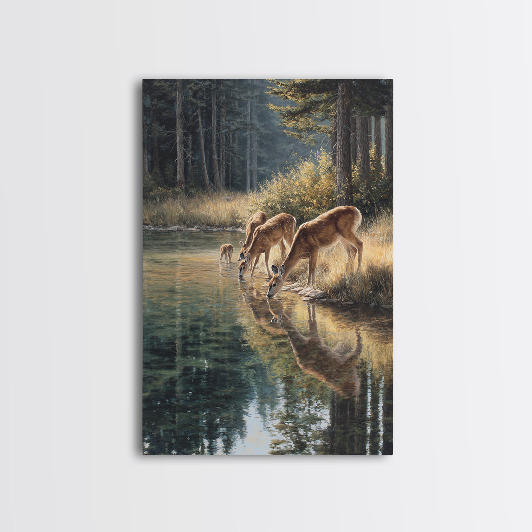 Peaceful Deer Family Drinking At Riverbank Nature Scene Oil Painting Canvas Print Wall Art For Rustic And Wildlife Decor