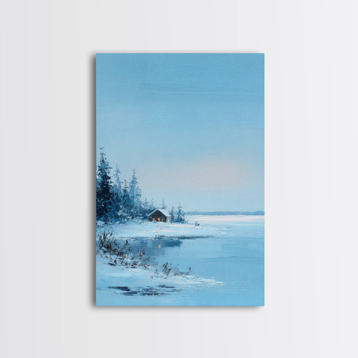 Winter Landscape With Snowy Trees And Cabin Cozy Calm Scene Canvas Print Wall Art For Bedroom Living Room And Rustic Home Decor