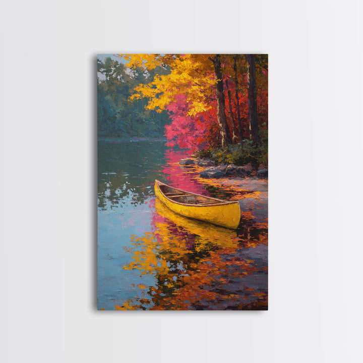 Serene Yellow Canoe On Reflective Autumn Lake Landscape Painting Framed Canvas Print for Peaceful Wall Art And Living Room Decor