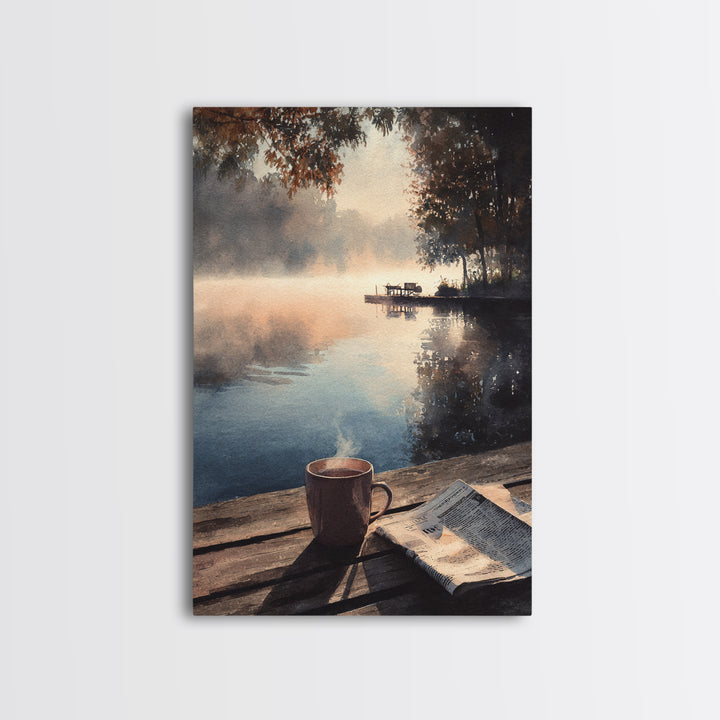 Cozy Lakeside Morning With Steam Rising Over Coffee Mug Watercolor Painting Wall Art Print For Bedroom Or Reading Nook