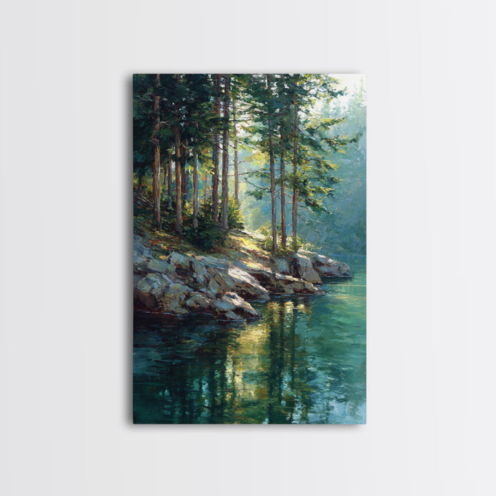 Sunlit Pine Forest Lake Painting Wall Art, Nature Landscape Art Print, Cabin Decor, Rustic Living Room Wall Decor Gift For Her