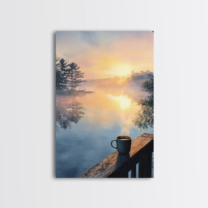 Calm Sunlit Lake At Dawn Watercolor Painting Canvas Print, Peaceful Landscape Wall Art, Soothing Home Decor Art
