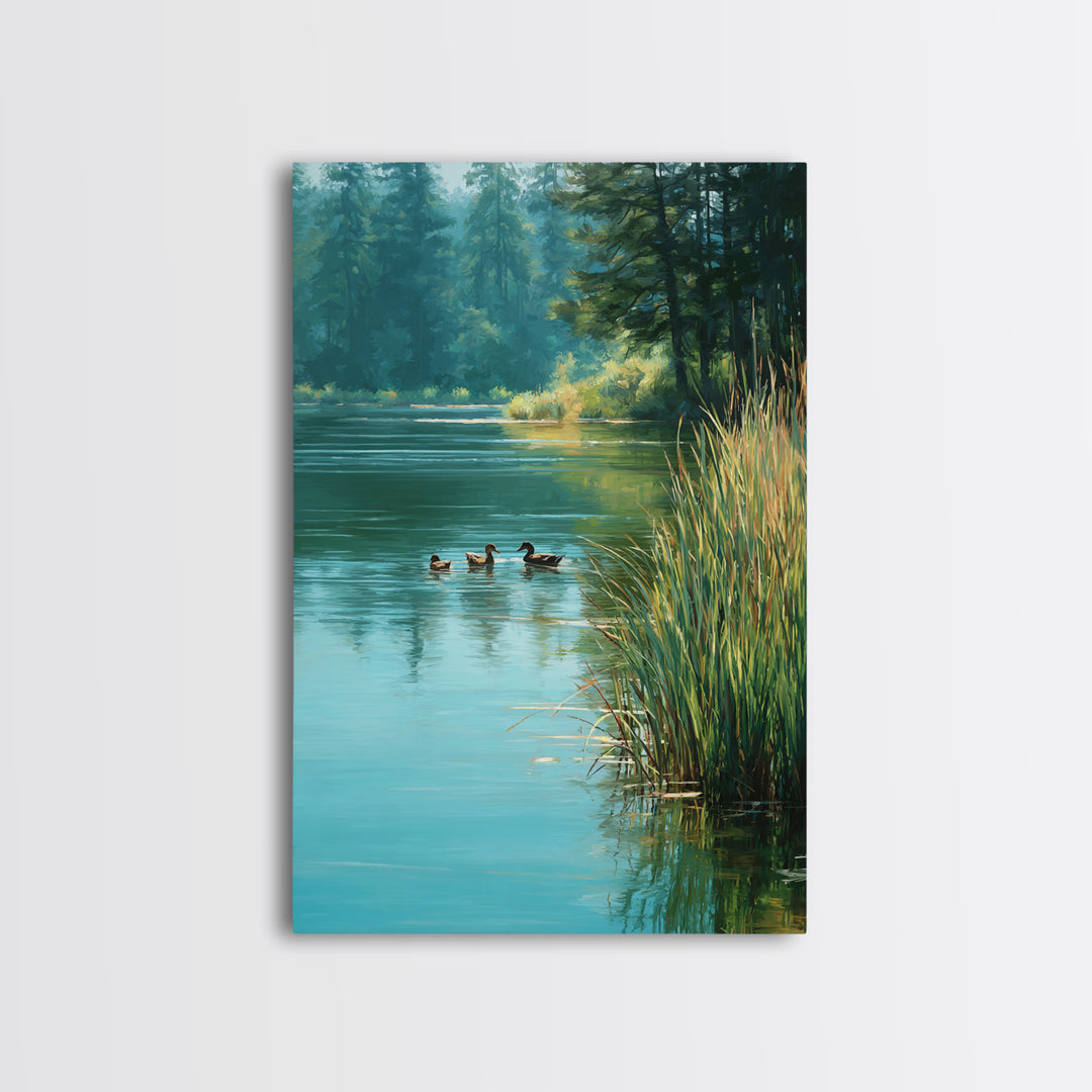 Tranquil Ducks On A Calm Lake Nature Scene Oil Painting Canvas Print For Rustic Living Room Wall Art And Cabin Home Decor