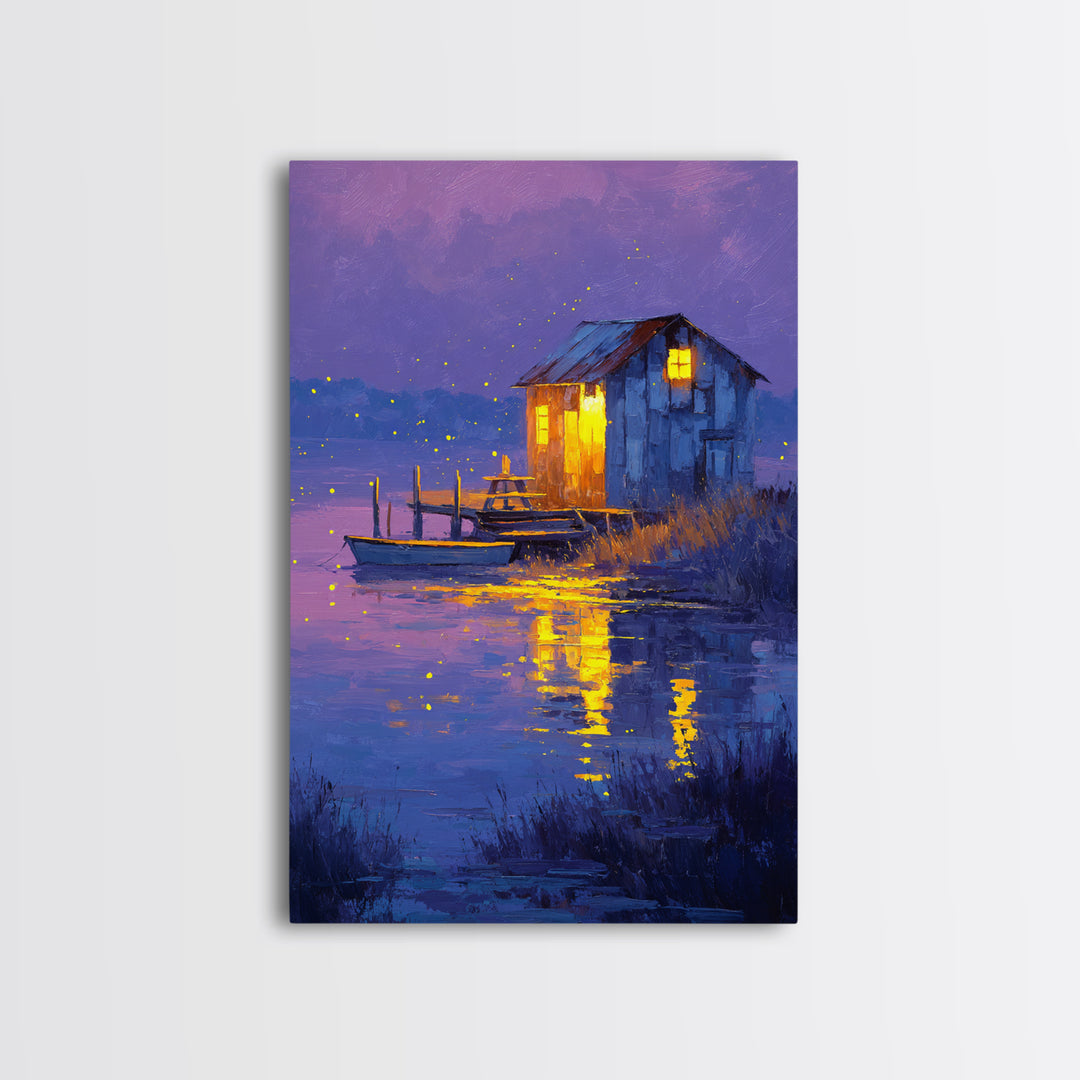 Rustic Night Lakeside Cabin With Boat Oil Painting Wall Art For Cozy Living Room Decor And Tranquil Bedroom Framed Canvas Print