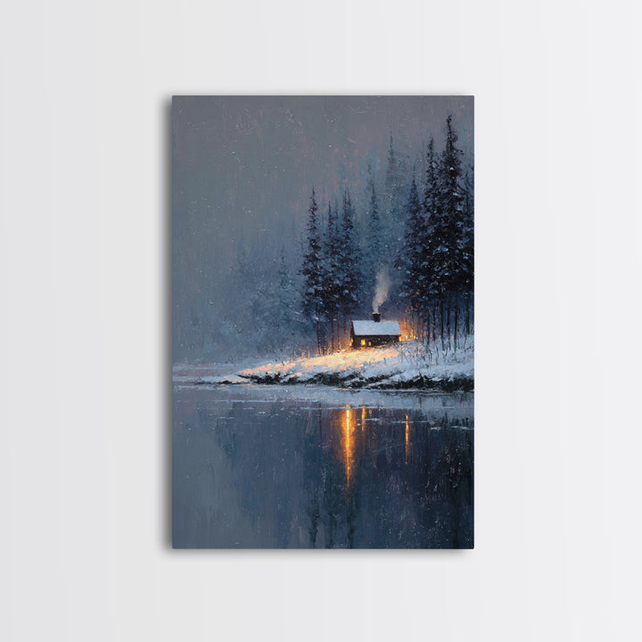Cozy Winter Cabin Snowy Landscape Lake Reflection Oil Painting Canvas Print Framed Wall Art For Rustic Decor