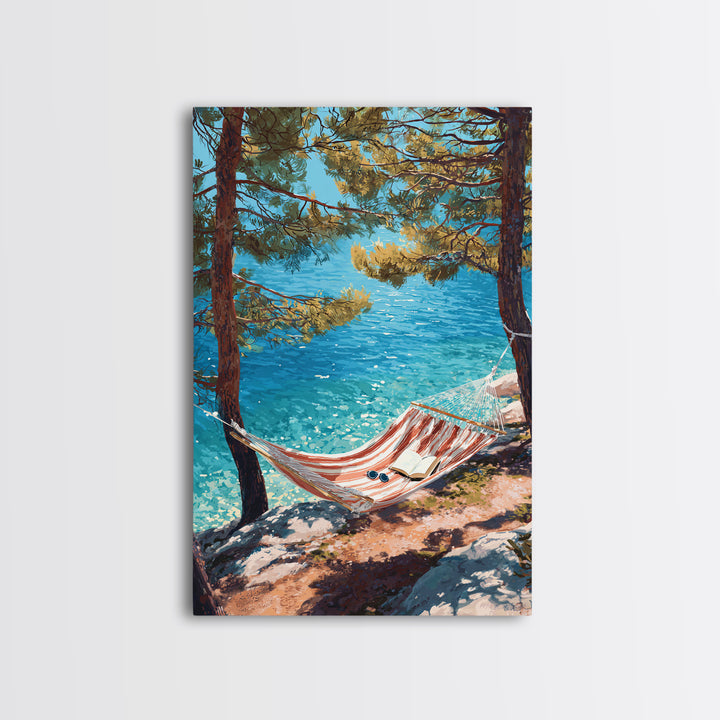 Tranquil Coastal Scene With Hammock Overlooking Sparkling Blue Ocean Landscape Painting Canvas Print Framed Canvas Print Wall Art Decor
