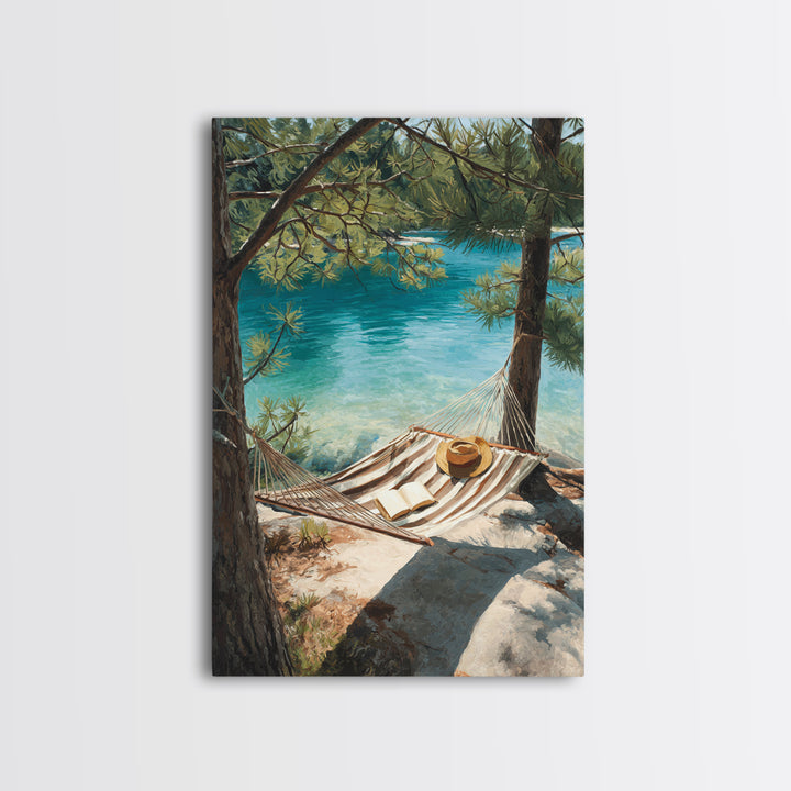 Tranquil Lakeside Hammock Scene Canvas Print, Relaxing Summer Vacation Wall Art, Cozy Home Decor Living Room Art