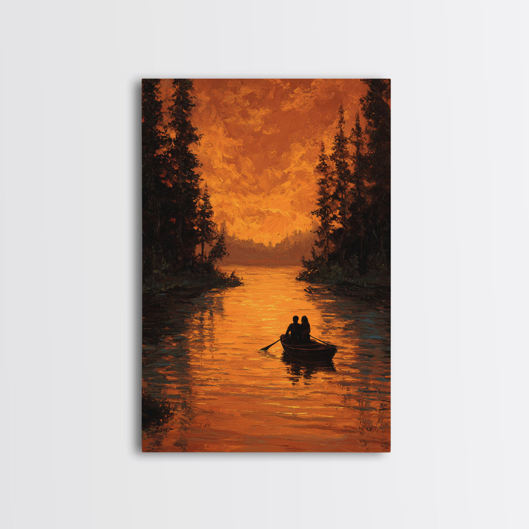 Romantic Autumn Evening Couple Rowing Boat Sunset Landscape Painting Large Wall Art Framed Canvas Print