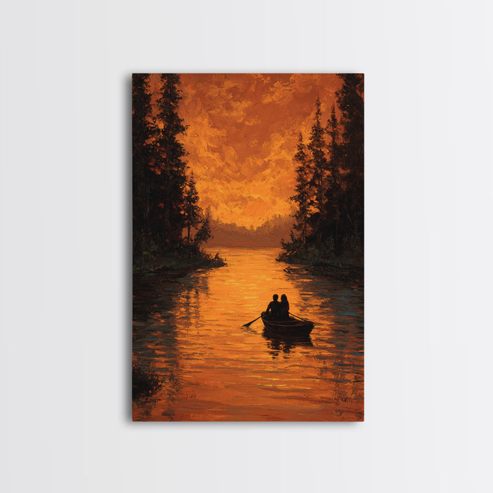 Romantic Autumn Evening Couple Rowing Boat Sunset Landscape Painting Large Wall Art Framed Canvas Print