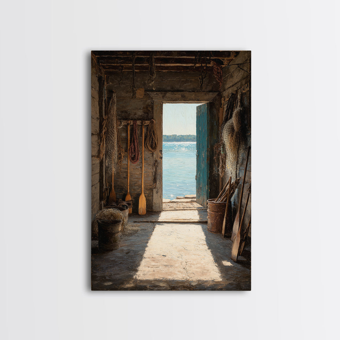 Rustic Seaside Cabin Interior With Ocean View Doorway Wall Art Print For Coastal Home Decor Or Nautical Living Room Canvas Print
