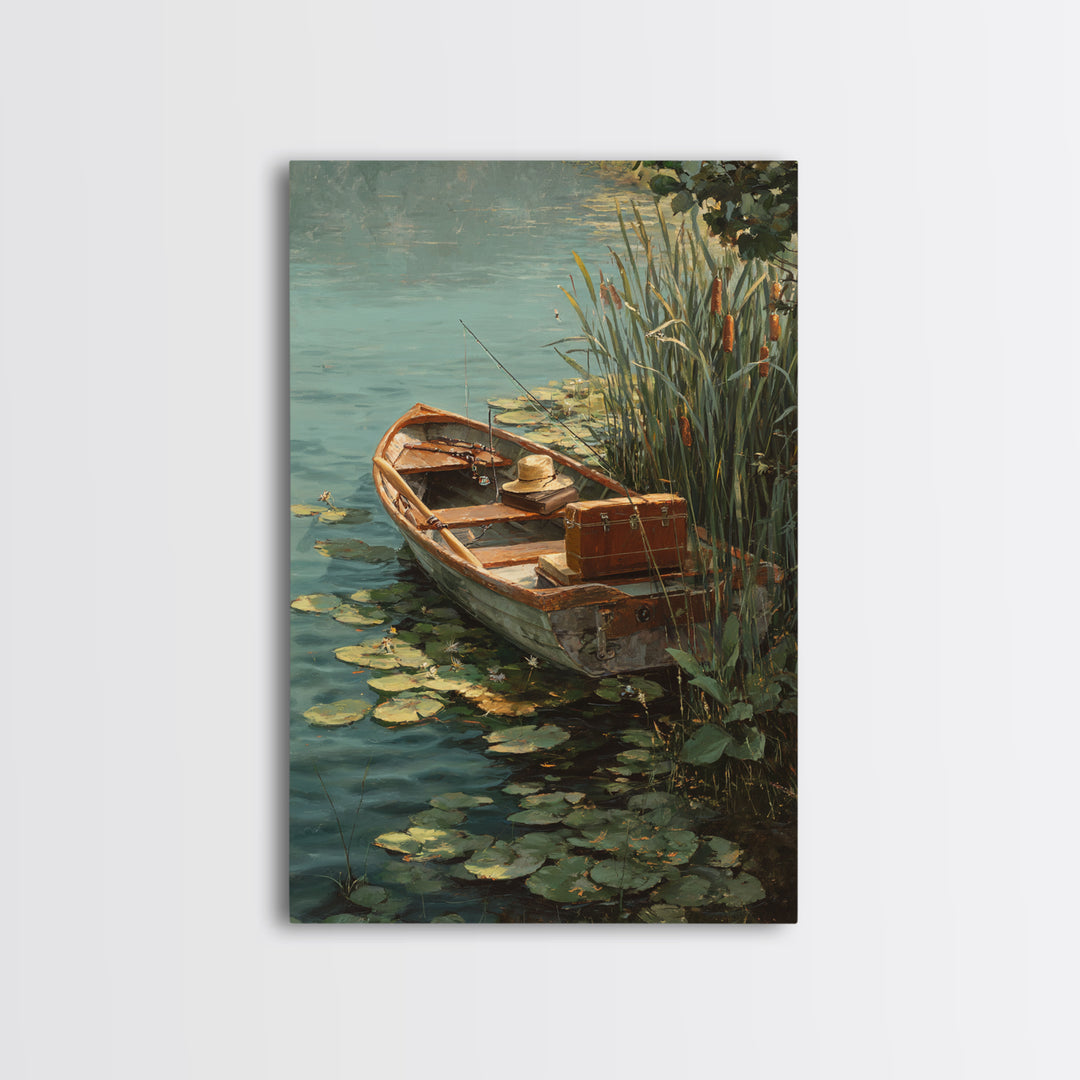 Cozy Contemporary Fishing Boat by Waterfall Original Oil Painting Wall Art Framed Canvas Print for Rustic Decor