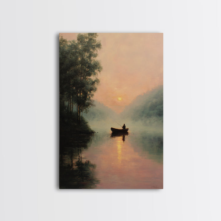 Peaceful Sunrise Lake Fisherman Landscape Oil Painting Large Wall Art Framed Canvas Print Rustic Decor