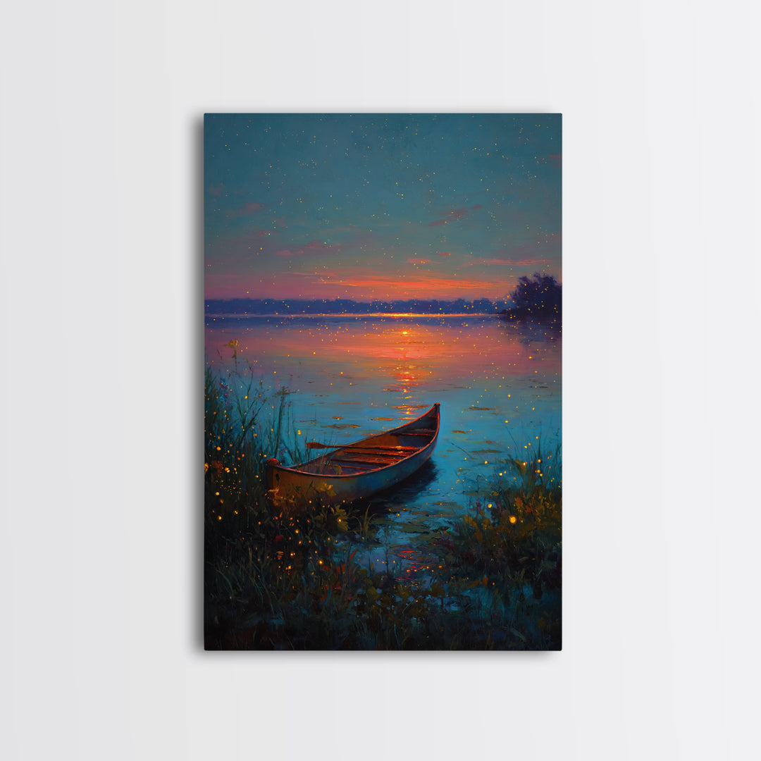 Serene Firefly Canoe Landscape At Twilight Oil Painting Large Wall Art Framed Canvas Print For Relaxing Home And Living Room