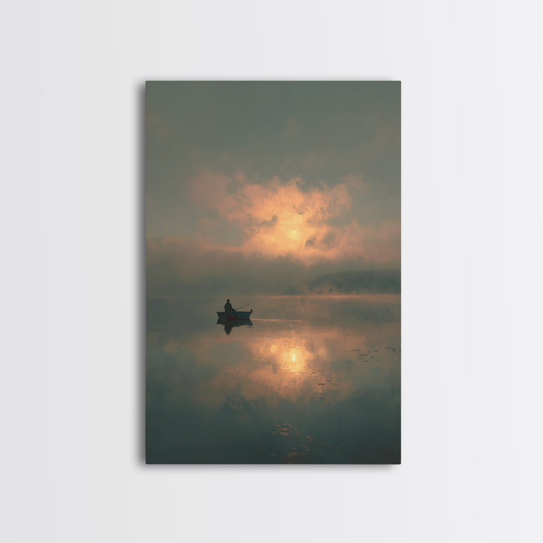 Peaceful Lone Fisherman At Sunset Canvas Print, Serene Lake Scene Wall Art, Tranquil Home Decor For Living Room