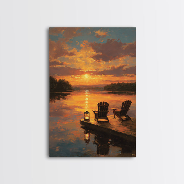Warm Sunset Landscape Oil Painting With Adirondack Chairs And Reflection On Water Wall Art Framed Canvas Print