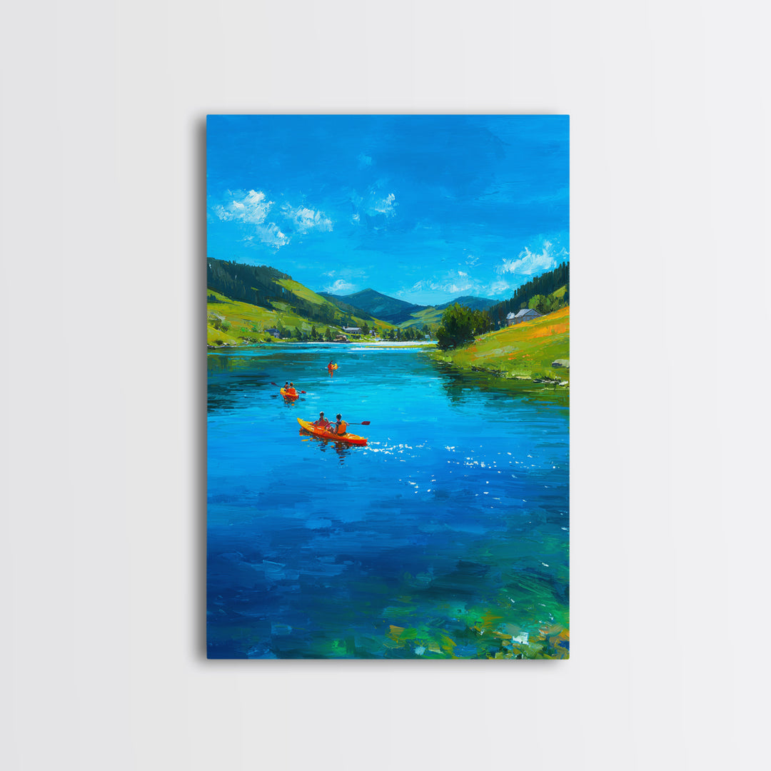 Vivid Kayakers On Blue Lake Under Clear Sky Colorful Outdoor Landscape Oil Painting Canvas Print