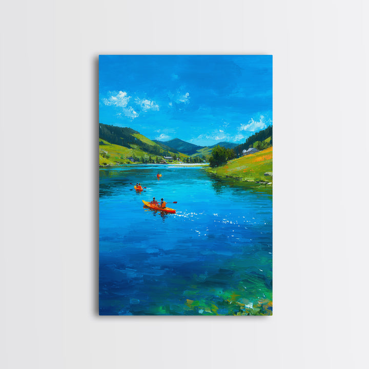 Vivid Kayakers On Blue Lake Under Clear Sky Colorful Outdoor Landscape Oil Painting Canvas Print