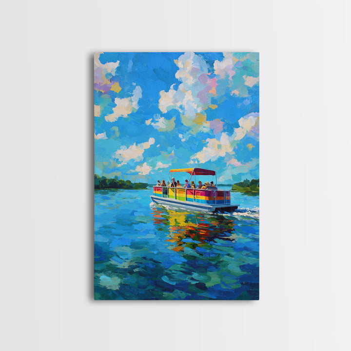 Vibrant Colorful Boat On Lake Under Blue Sky Bright Contemporary Painting Wall Art Framed Canvas Print