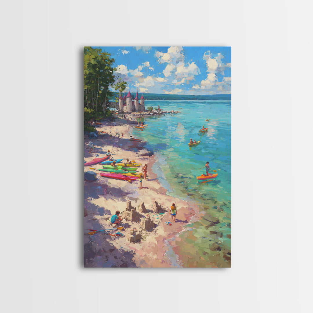 Impressionist Coastal Village Landscape Painting With Water And Boats Traditional Wall Art Large Framed Canvas Print