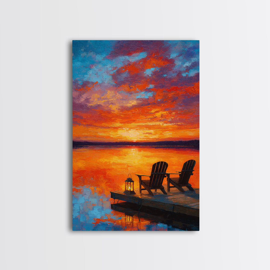 Warm Vibrant Sunset Lake Dock Scene Oil Painting Canvas Print Large Wall Art For Cozy Home Decor Living Room
