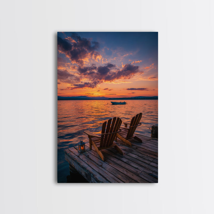 Serene Sunset Over Lake With Adirondack Chairs On Dock Classic Landscape Wall Art Canvas Print