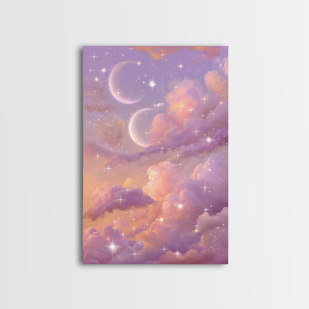 Pastel Moon And Star Cloud Canvas Print, Celestial Wall Art, Dreamy Nursery Decor, Whimsical Bedroom Decor, Gift For Her