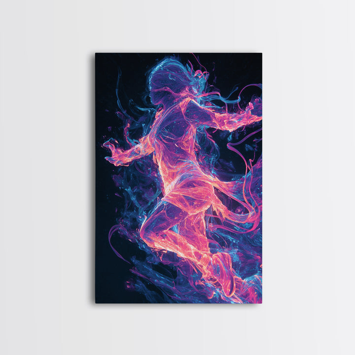 Neon Energy Dancer Framed Canvas Print, Abstract Figurative Art, Cyberpunk Decor, Vibrant Wall Art, Gift For Her, Modern Living Room Decor