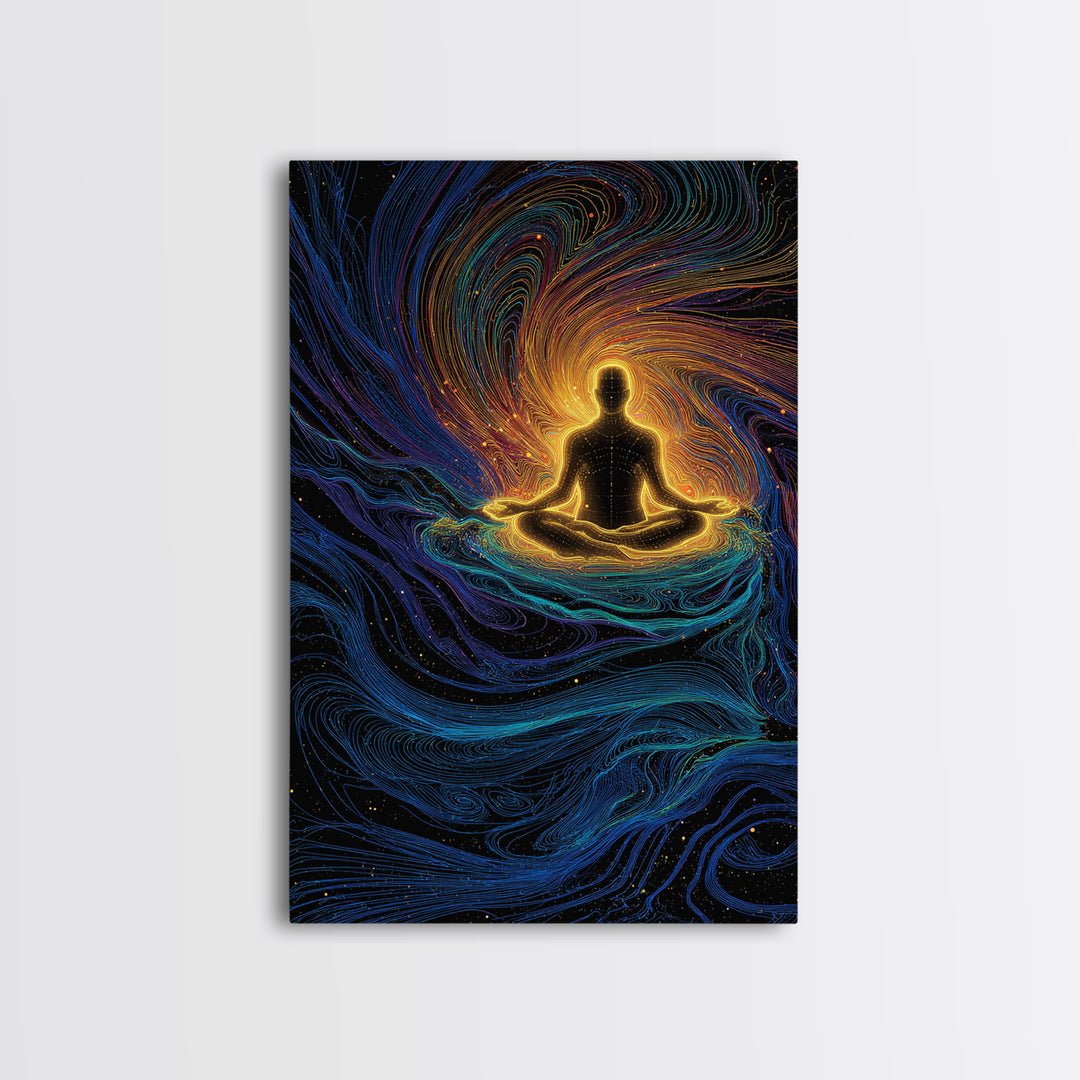 Glowing Meditation Figure Canvas Print, Spiritual Energy Wall Art, Psychedelic Zen Decor, Celestial Yoga Room Gift Decor