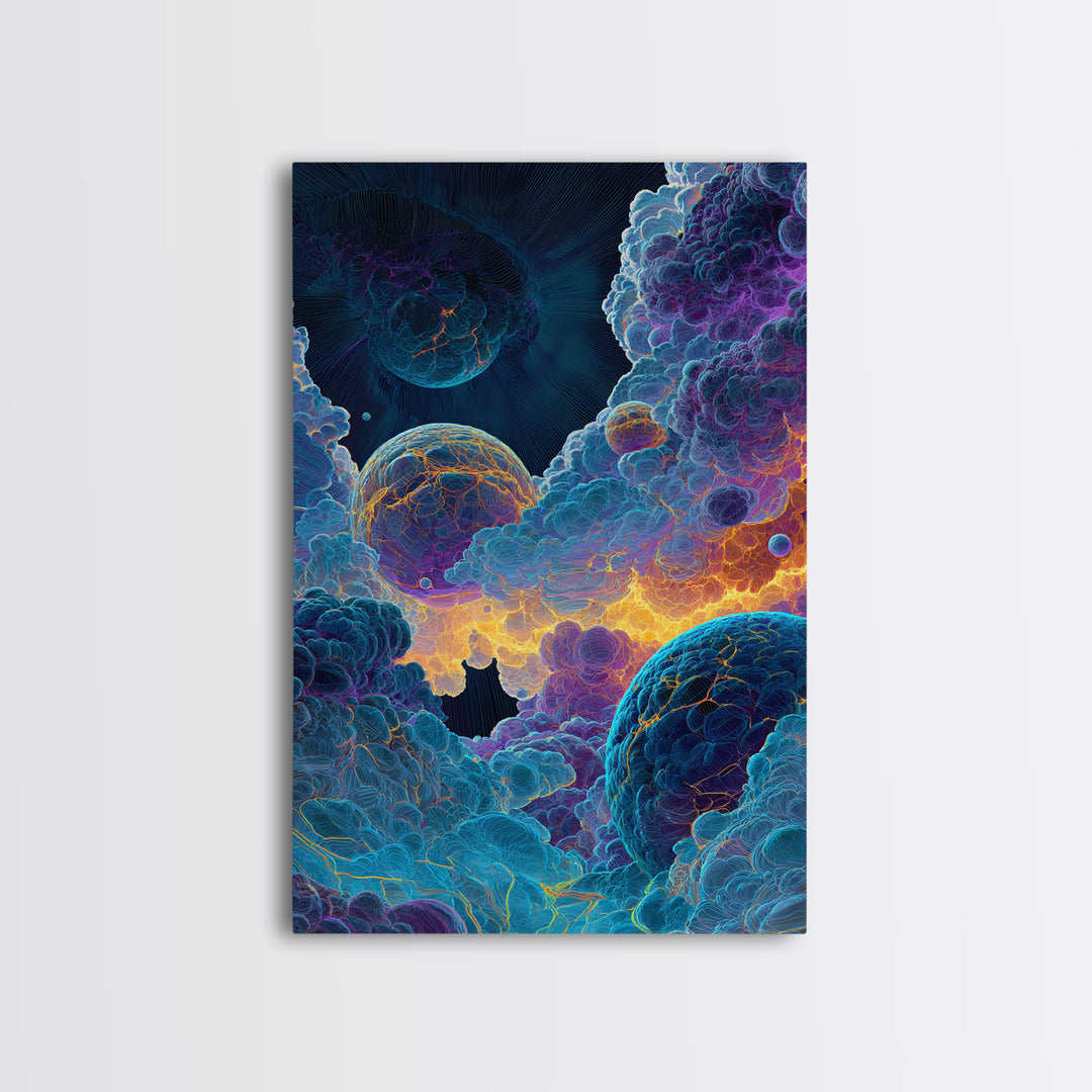 Surreal Cosmic Planets In Storm Clouds Wall Art, Psychedelic Space Print, Celestial Fantasy Home Decor, Moody Bedroom Gift