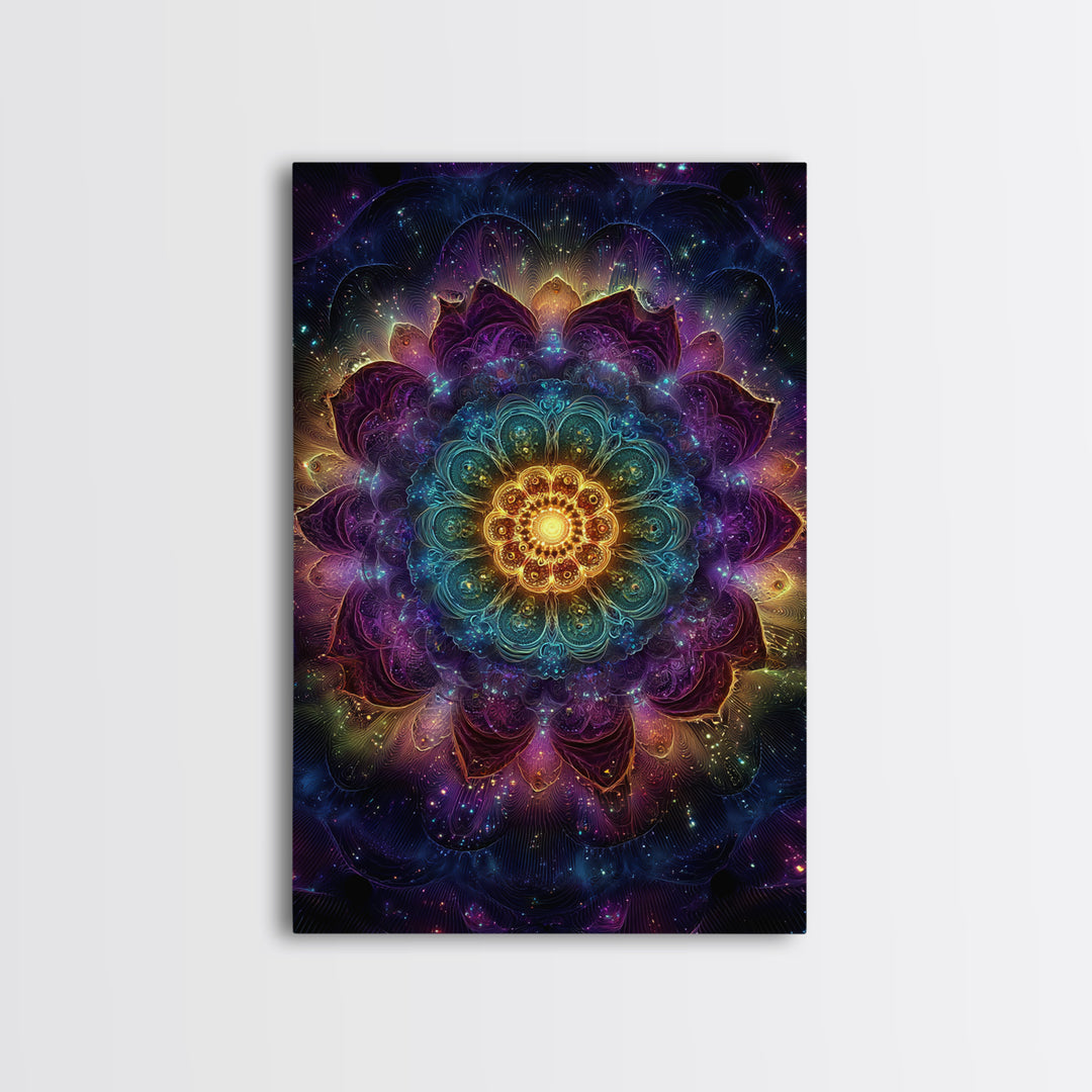 Vibrant Mandala Abstract Wall Art With Glittering Lights Framed Canvas Print For Modern Home Decor
