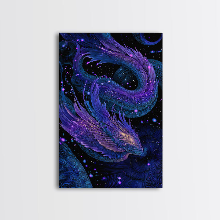Celestial Twin Dragon Canvas Print, Purple Blue Fantasy Art, Mythical Space Wall Decor For Gamer Room And Unique Gift Idea