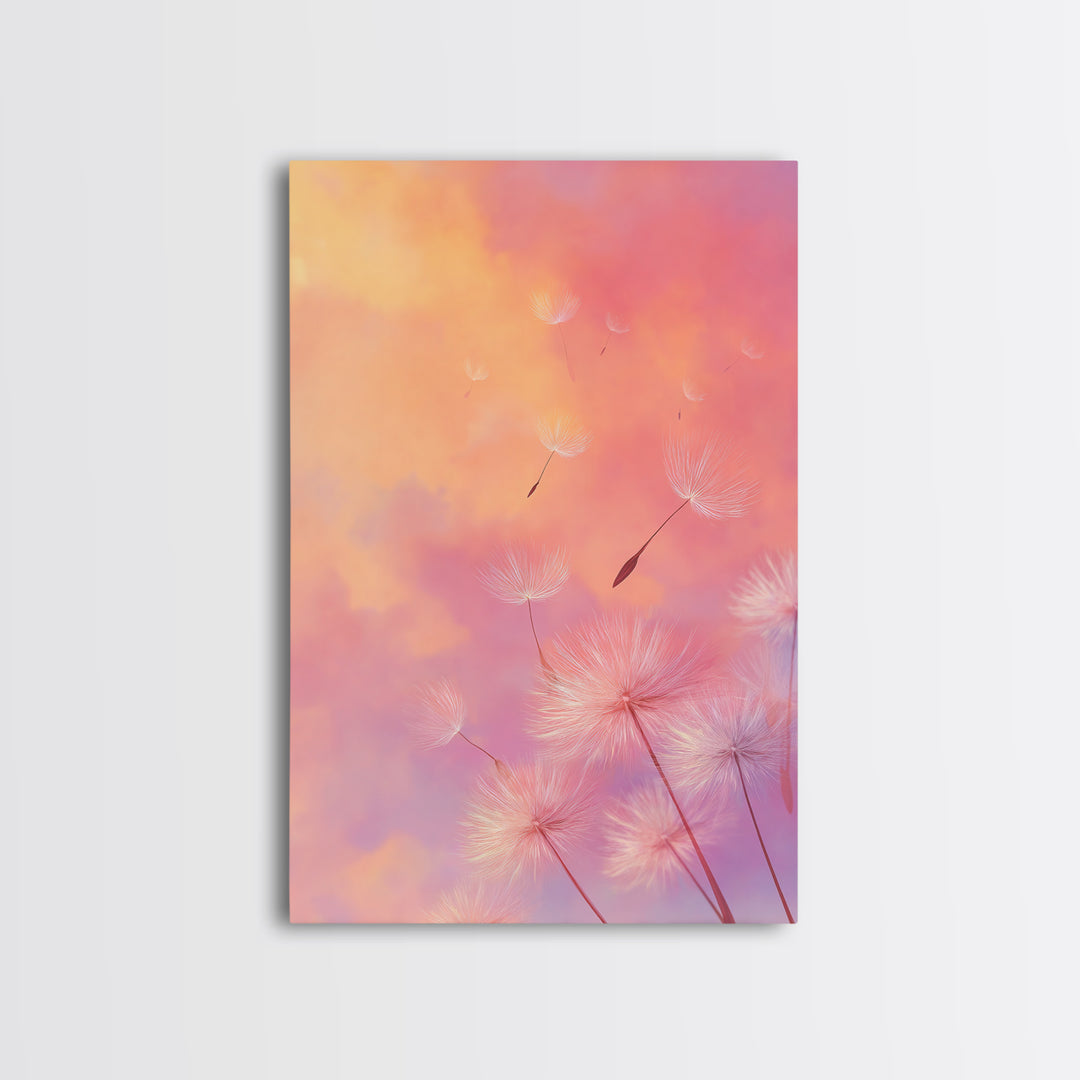 Floating Dandelion Seeds At Sunset Canvas Print, Pink Orange Wall Art For Bedroom Decor, Dreamy Feminine Nursery Art Gift