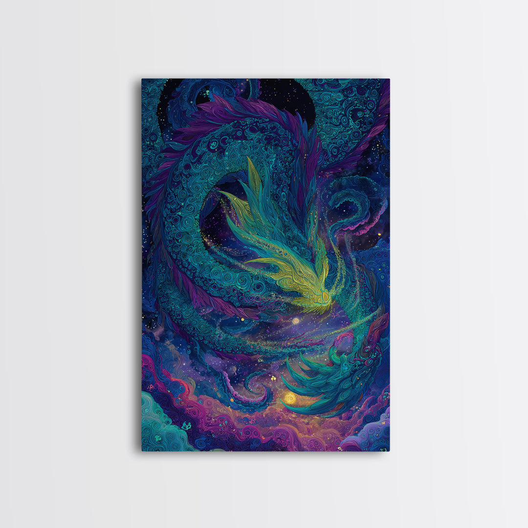 Cosmic Teal Dragon Wall Art, Fantasy Serpent Painting, Celestial Decor, Mystical Canvas, Unique Gift For Fantasy Lovers Decor