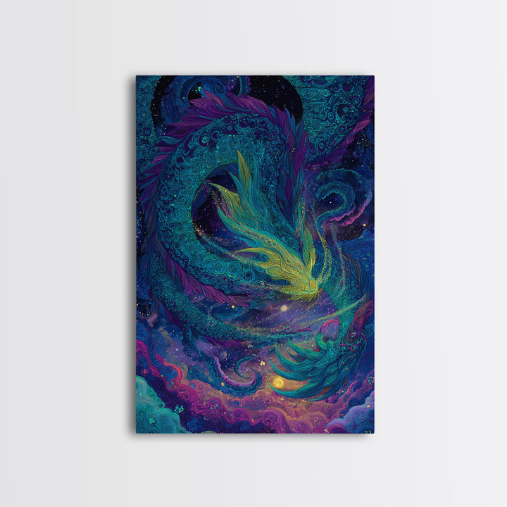 Cosmic Teal Dragon Wall Art, Fantasy Serpent Painting, Celestial Decor, Mystical Canvas, Unique Gift For Fantasy Lovers Decor