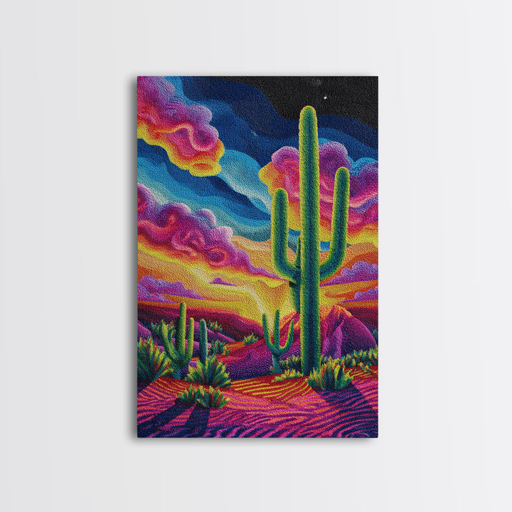 Vibrant Desert Landscape Painting With Cactus And Colorful Sunset Sky Wall Art Modern Home Decor Canvas Print