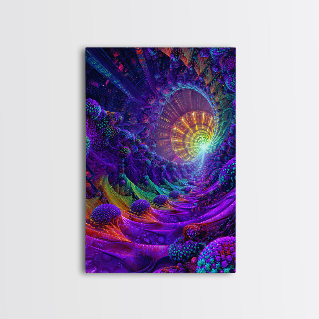 Neon Fractal Spiral Tunnel Canvas Print, Psychedelic Abstract Wall Art, Vibrant Futuristic Decor, Statement Artwork Gift