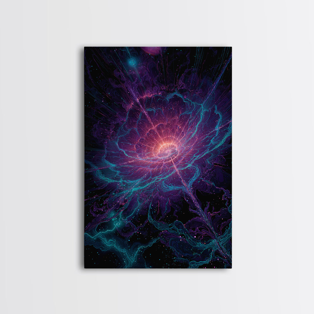 Cosmic Neon Flower Wall Art, Psychedelic Floral Canvas Print, Celestial Botanical Decor, Mystical Boho Bedroom Gift For Her