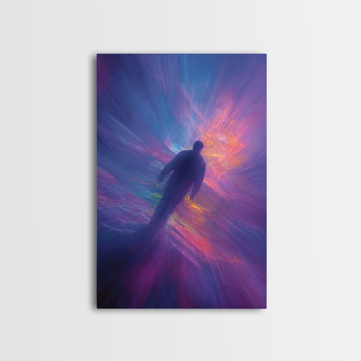 Neon Astral Figure In Purple Light Vortex Wall Art, Psychedelic Abstract Art Print, Celestial Space Decor, Modern Wall Decor