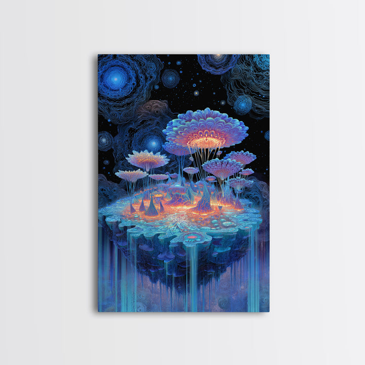 Bioluminescent Mushroom Island Framed Canvas Print, Fantasy Landscape Wall Art, Psychedelic Decor, Whimsical Nature Art