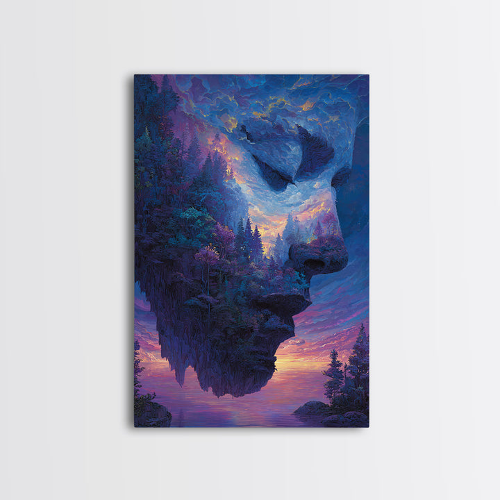 Misty Mountain Landscape With Serene Buddha Silhouette Black And White Framed Canvas Print Wall Art