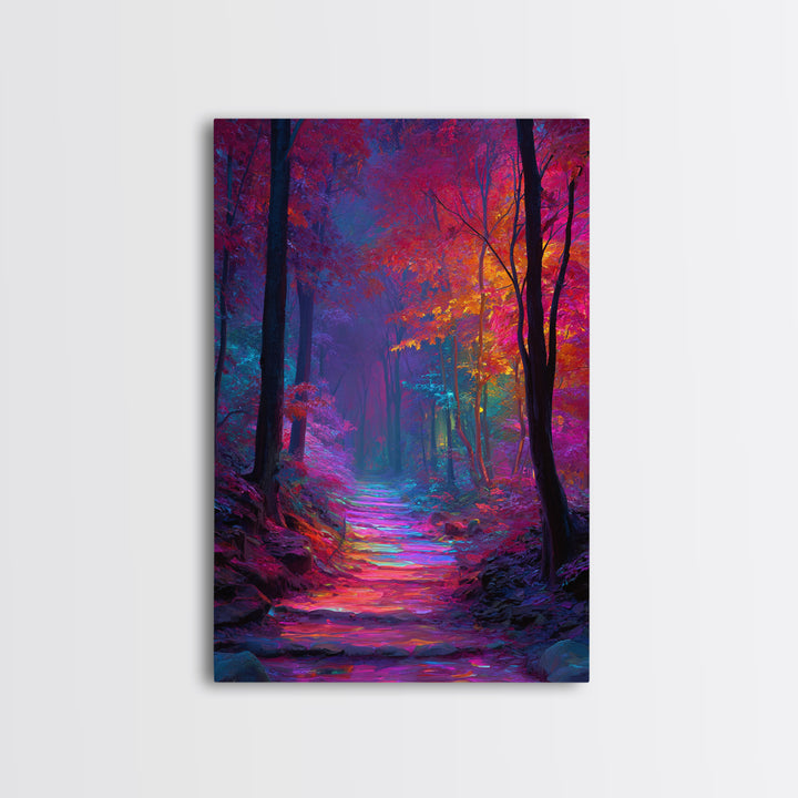 Vibrant Colorful Autumn Forest Path Wall Art With Bright Pink Yellow Foliage And Mystical Light Framed Canvas Print