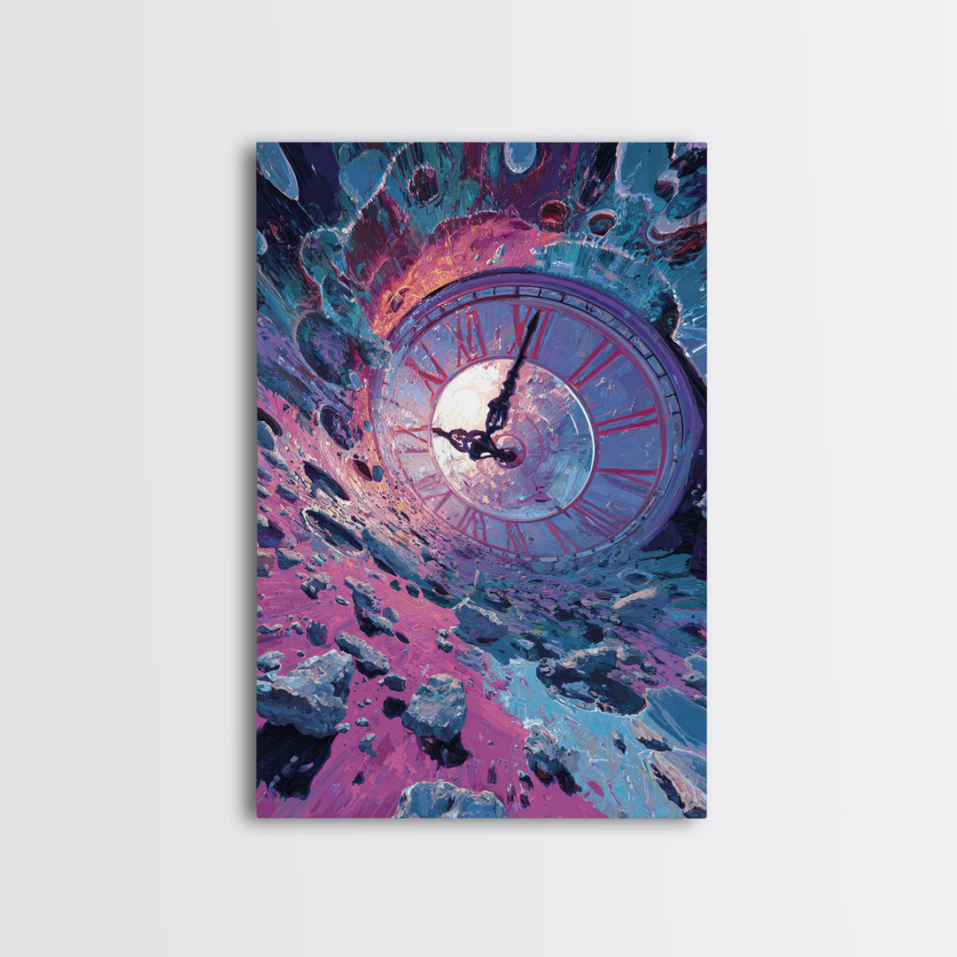 Surreal Clock Vortex In Cosmic Ruins, Time Fantasy Wall Art, Psychedelic Canvas Print, Celestial Decor, Statement Artwork