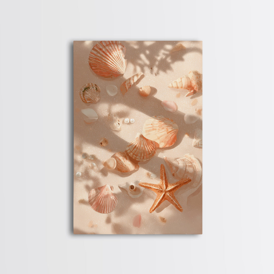 Sunlit Seashells And Starfish Framed Canvas Print, Coastal Wall Art For Beach House Decor, Nautical Bathroom Wall Decor Gift