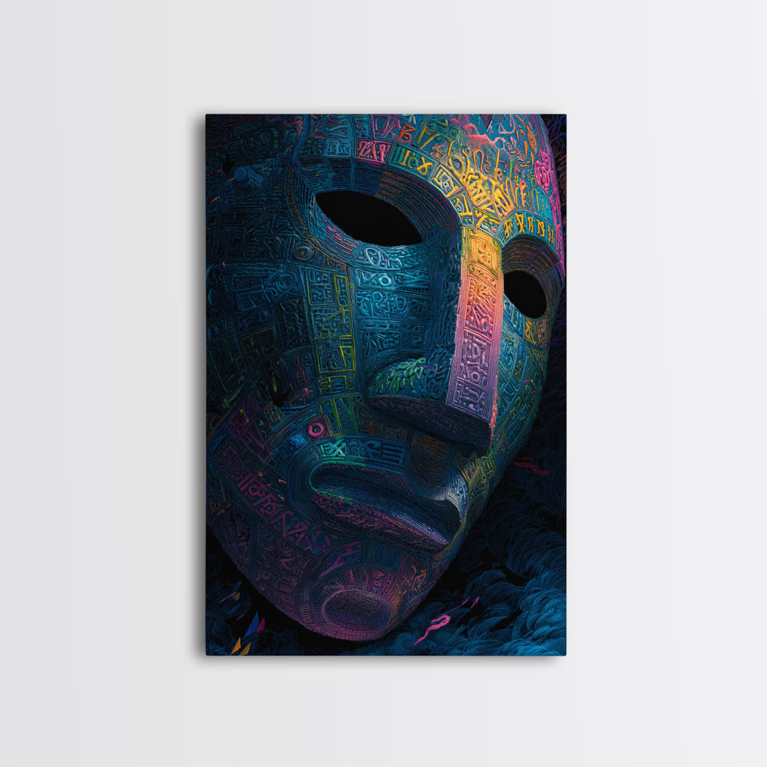 Neon Ancient Mask Portrait Wall Art, Dark Surreal Art Print, Psychedelic Gothic Decor, Futuristic Statement Artwork Gift