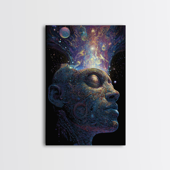 Cosmic Mind Portrait Framed Canvas Print, Psychedelic Space Wall Art, Visionary Consciousness Decor, Spiritual Gift For Him