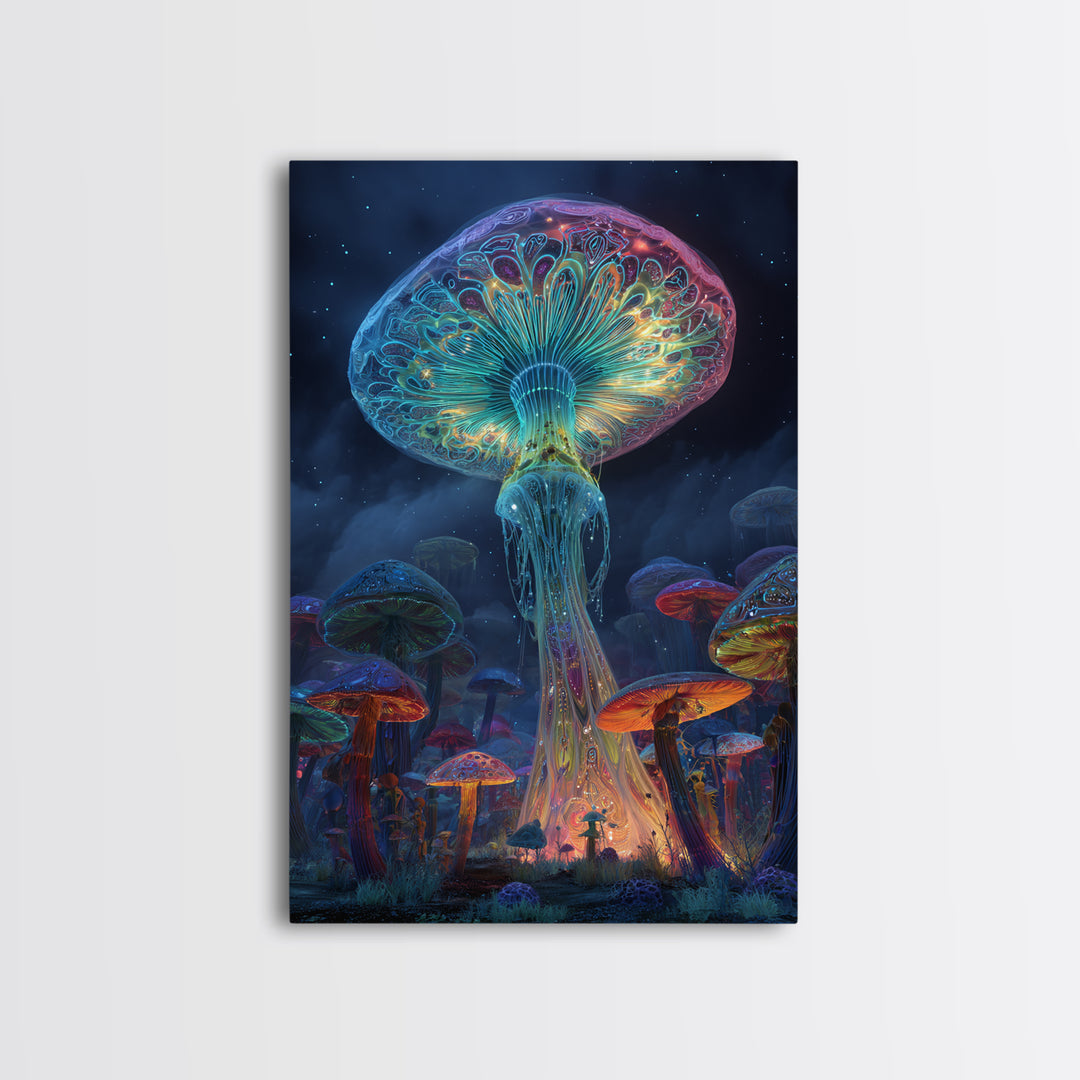 Vibrant Neon Mushroom Fantasy Landscape Canvas Print With Glowing Magical Fungi In A Mystical Night Forest Wall Art