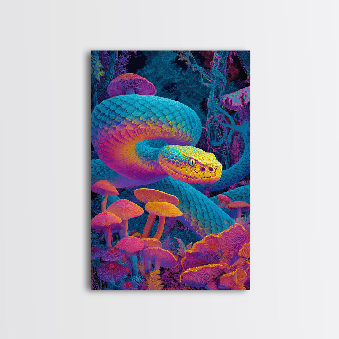 Vibrant Psychedelic Snake and Mushroom Art Wall Art Canvas Print Colorful Modern Wall Decor
